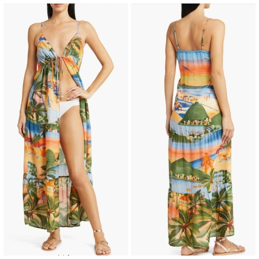 New Farm Rio Carioca Metallic Stripe Swim Beach Cover-Up Maxi Dress Medium NWT